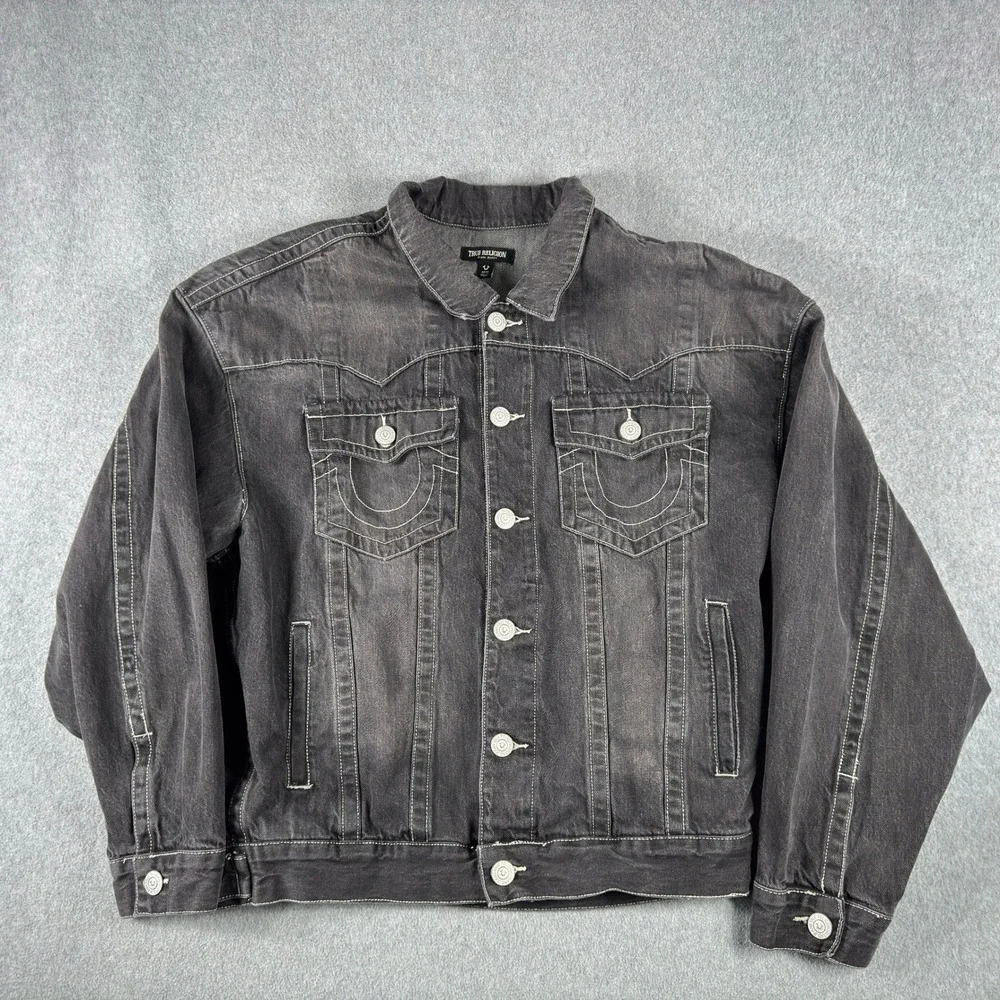 True Religion Denim Jacket Mens Medium Black Y2K Trucker Workwear Hip Hop Grunge